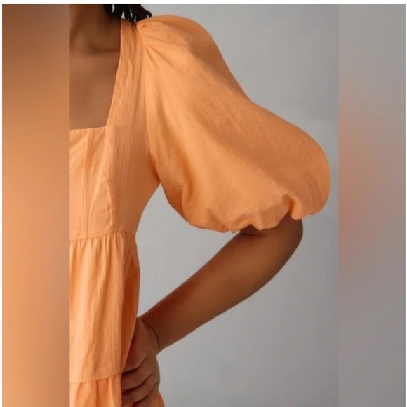 Anthropologie Square Neck Puff Sleeve Orange Dress Size Medium - Picture 4 of 11